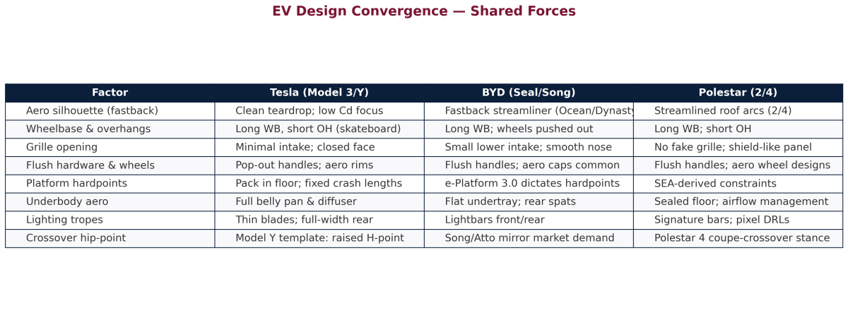 Por que todos os VEs parecem iguais agora – e como Tesla, Byd e Polestar quebram o molde