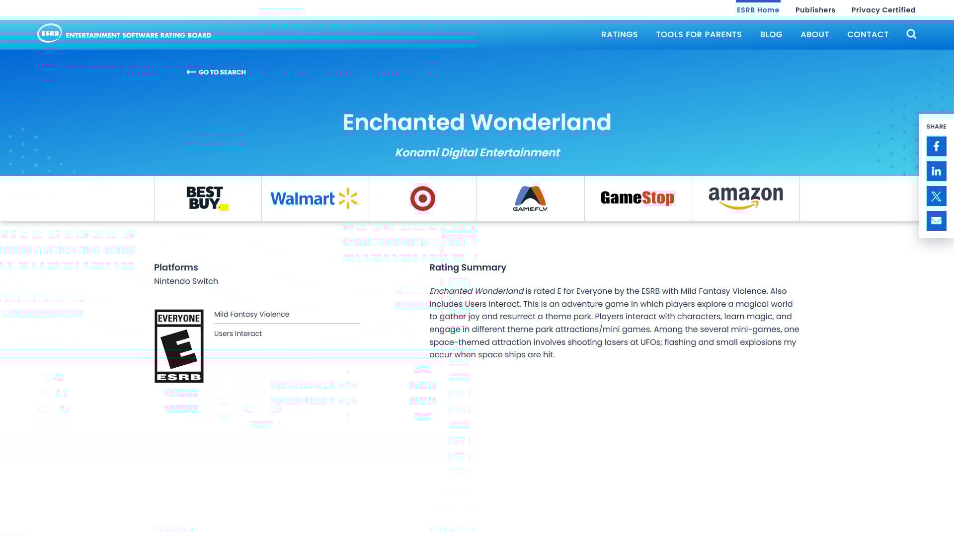 ESRB avalia jogo não anunciado da Konami, Enchanted Wonderland, para Switch