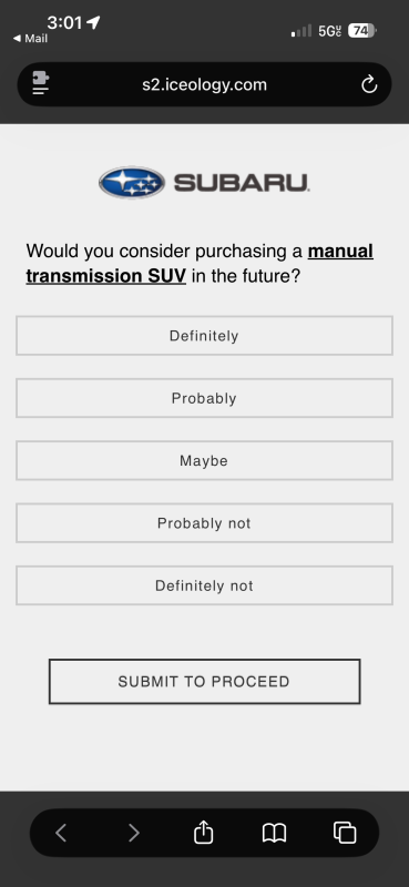 Subaru está perguntando aos proprietários se eles querem um SUV manual de volta